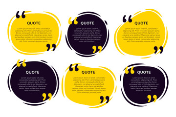 Obraz premium Modern quote box collection, yellow and black speech bubble set, 6 abstract circular text frames for social media and marketing