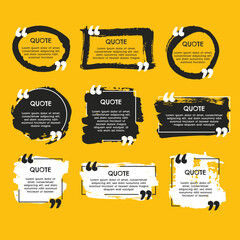 Obraz premium Grunge quote box collection, 9 black and white brush stroke text frames, hand drawn quote bubbles on yellow background, artistic vector set