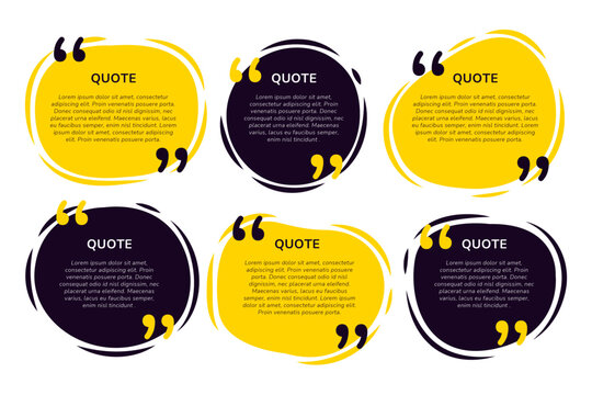 Modern quote box collection, yellow and black speech bubble set, 6 abstract circular text frames for social media and marketing
