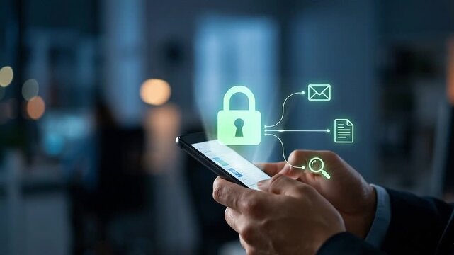 Mobile Data Privacy and Document Protection Concept: Floating Digital Padlock and File Security Icons Over Smartphone