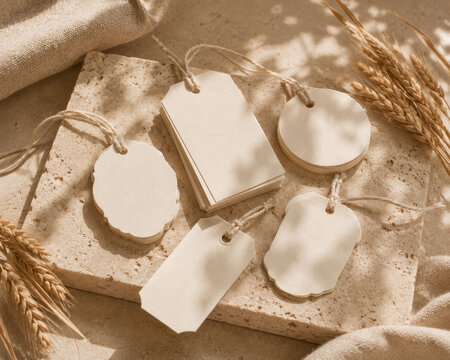 A collection of blank paper gift tags with string arranged on a travertine stone slab alongside wheat stalks and linen fabric in warm natural light.