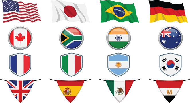 World flags vector icon set with waving country symbols glossy round badges shields and festive hanging bunting