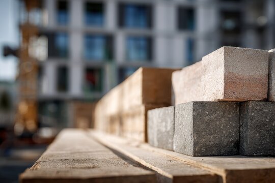 Stacked construction bricks arranged neatly on wooden pallets with blurred urban building and crane in the background during daytime on-site work