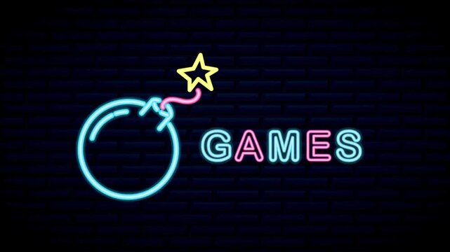 Glowing Neon Games Sign with Bomb Icon on Dark Brick Wall