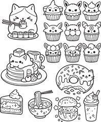 cute cartoon cat eating sushi and sweet treats © Sumon90cs