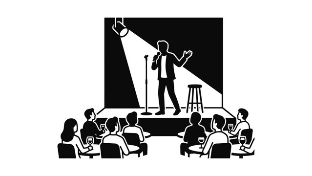 Comedian Performing Stand-Up on Stage with Spotlight, Audience Watching