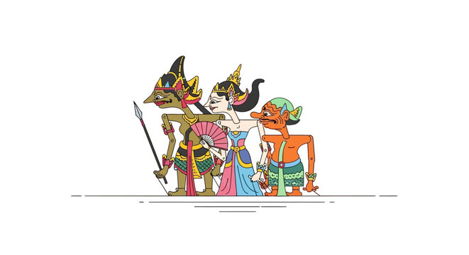 Traditional Indonesian Wayang Kulit Shadow Puppets Characters on White Background