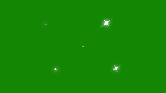 Twinkling stars animation with white cartoon-style sparkles on green screen. Flat vector blinking stars shine like night galaxy background light for animation. 4k video