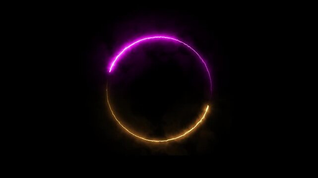 Futuristic glowing versus purple and yellow energy line circular border loop animation video with cyberpunk style neon fire laser light round frame black background overlay for live streaming screen.