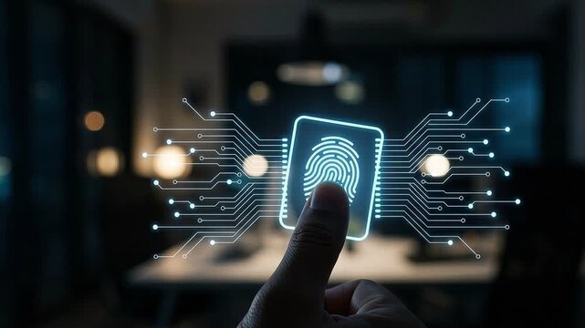 Biometric Authentication Concept: Fingerprint Scanner Icon and Circuit Patterns Over Glowing Interface in Moody Office