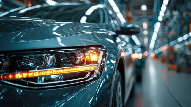 Modern sleek car with illuminated front indicator lights parked inside a high-tech automotive assembly line factory under bright industrial lighting