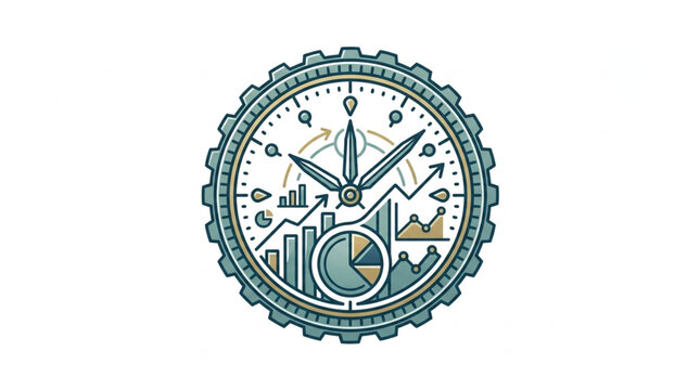 Clock with business charts and graphs inside representing time management.
