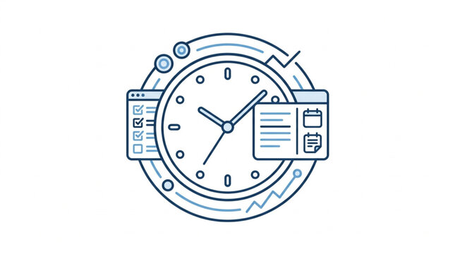 Clock with business charts and calendar icons representing time management.