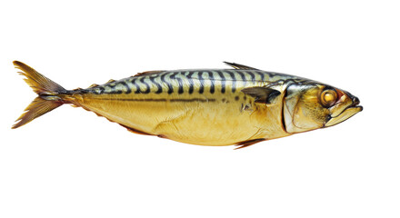 Naklejka premium Photorealistic whole smoked Atlantic mackerel, golden-brown skin, blue-green stripes, delicate fins, clear eye, on transparent background with copy space, premium gourmet food concept