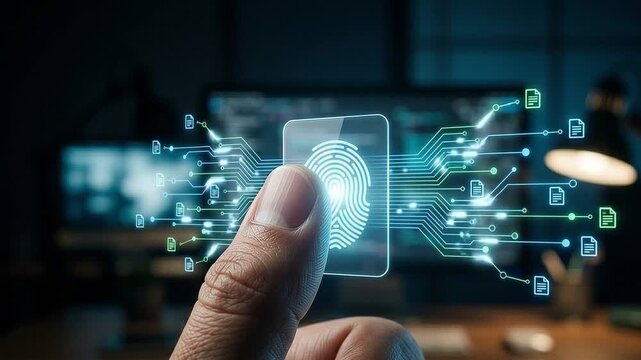 Biometric Authentication Concept: Fingerprint Scanner Icon and Circuit Patterns Over Glowing Interface in Moody Office