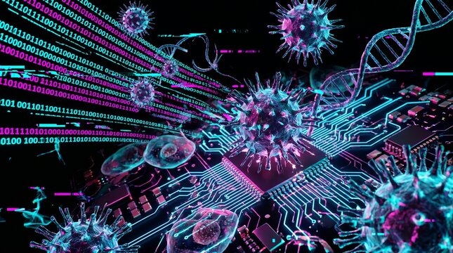 Digital virus particles flowing across circuit board with binary code