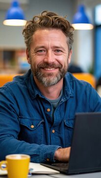 Confident adult learner using speech - enabled laptop at community education center