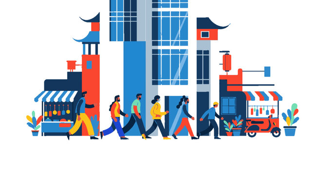Colorful urban street scene with diverse people and architecture.