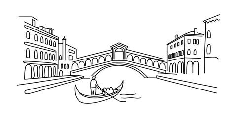 A simple black and white line drawing of a gondola boat floating on a canal in venice passing under the famous rialto bridge with old historic city buildings Vector, illustration © D-Stocker2026