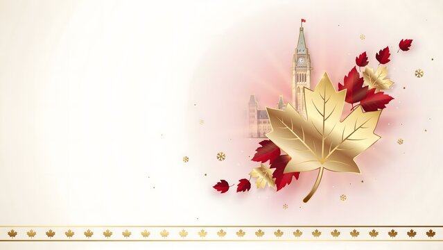 Canadian thanksgiving or remembrance day decorative banner with parliament hill and maple leaves