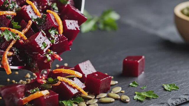 Roasted beet cubes with orange zest and seeds dropping onto a stone surface for food presentation.