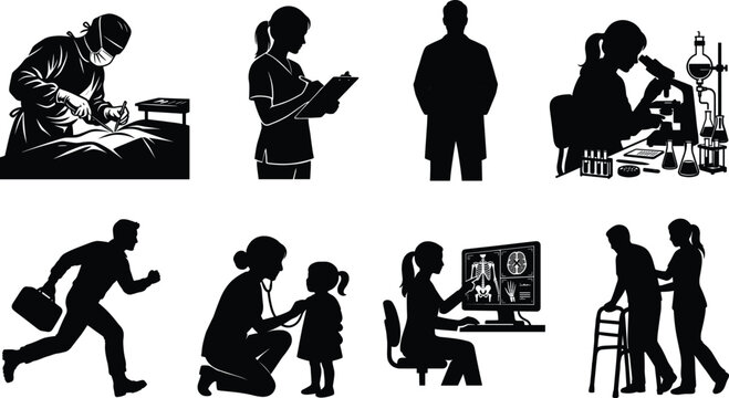 Medical staff and healthcare workers vector icon set featuring black silhouettes of surgeon nurse scientist paramedic pediatrician radiologist and physical therapist