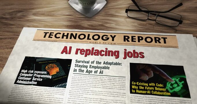 Ai replacing job daily newspaper on table. Headlines news abstract concept 3d.