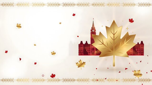 Canada day celebration background with parliament hill and maple leaves