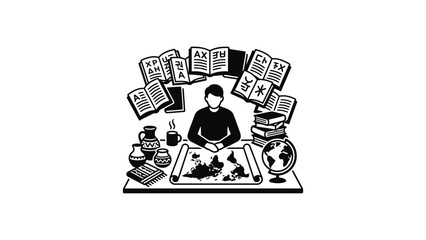 Fototapeta premium Scholar studying ancient history, maps, and books, with globe and artifacts on desk.