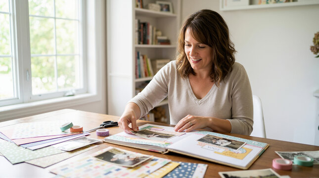 Smiling woman creating a scrapbooking layout at a wooden table. Happy female crafter making a handmade photo album at home