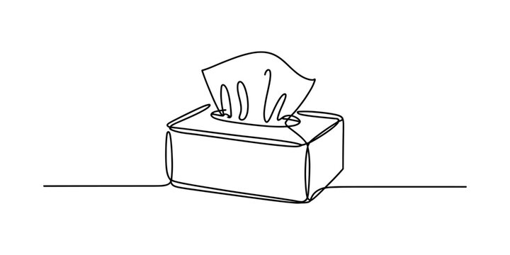 Continuous one line drawing of a facial tissue box with a single paper tissue pulled out for hygiene and cleaning everyday home health supplies design Vector, illustration