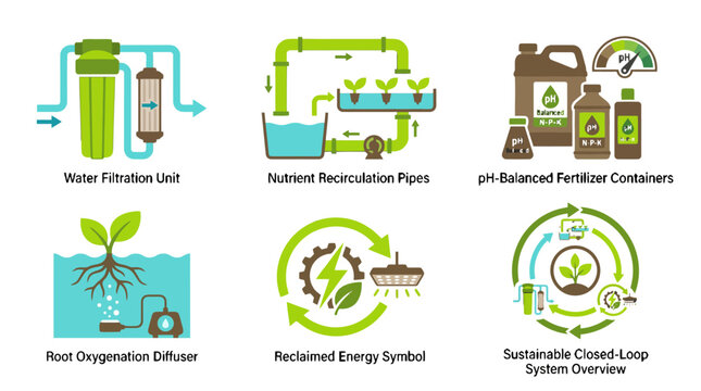 Hydroponic Farming System Icons Featuring Water Filtration Nutrient Recirculation Root Oxygenation And Sustainable Energy Elements