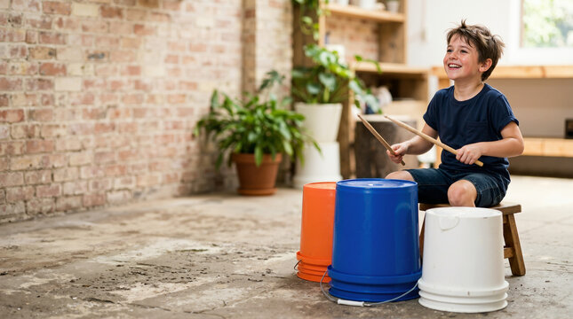 Joyful boy laughing while drumming on plastic buckets indoors. Creative child playing makeshift drums in a rustic room with brick wall
