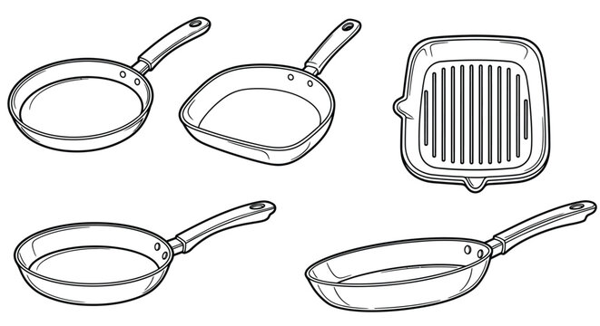 Variety of empty frying pans and grill pan line art illustration