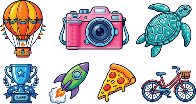 Cute cartoon vector icon set with hot air balloon pink camera sea turtle trophy rocket pizza slice and bicycle.