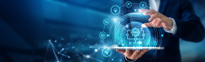 Software developer using tab analysing Algorithm development and computational efficiency models, data processing optimization, problem-solving frameworks and software innovation strategies. © Theyone