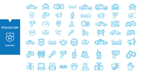 Police Car Icon Set: A comprehensive collection of police car and law enforcement icons, depicting vehicles, equipment, and symbols of authority. © Afrojaart