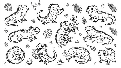 Fototapeta premium Cute Iguana Cartoon Character Collection with Playful Reptile Poses and Tropical Nature Elements Vector Set