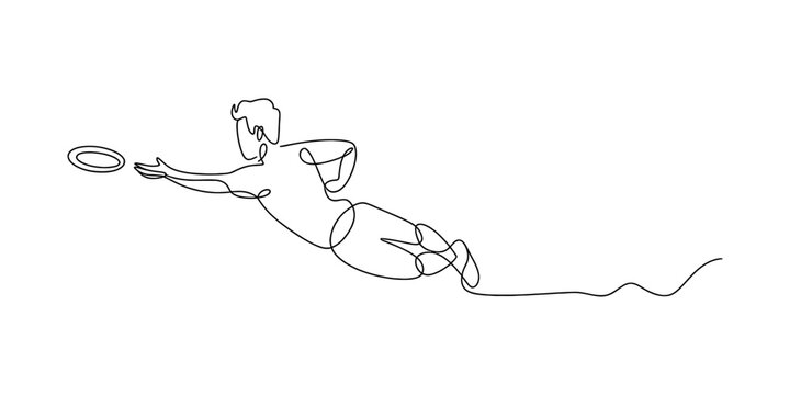 Continuous single line drawing of a man jumping to catch a flying disc frisbee in the air as a sporty active person enjoying a fun outdoor game exercise Vector, illustration