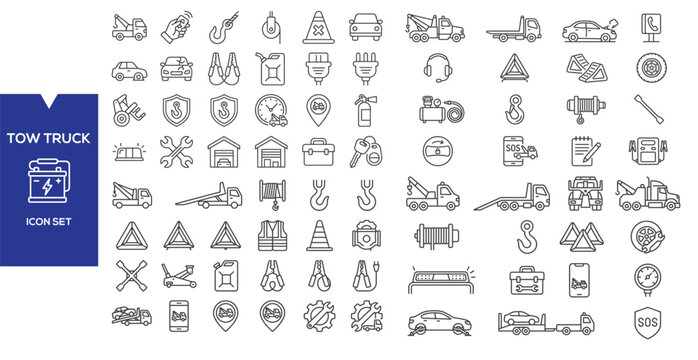 Car Tow Truck Icon Set: A collection of line art icons representing various aspects of tow truck services and vehicle transport, offering a comprehensive visual guide.