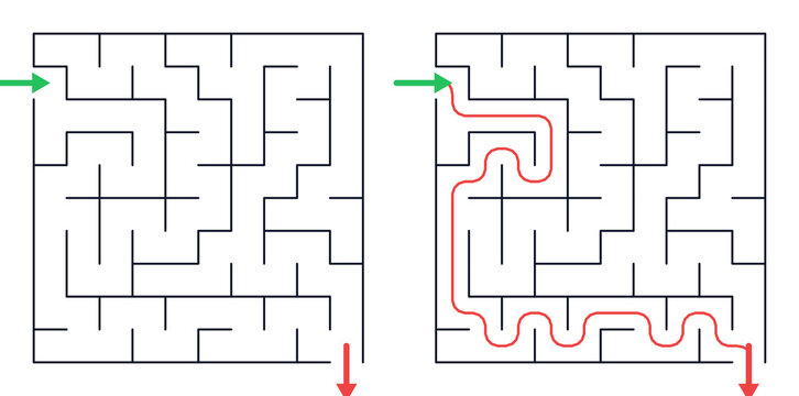 Square maze for kids, easy printable logic game, find the way from start to exit, black and white line art, activity worksheet page with solution