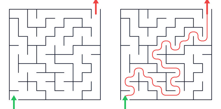 Square maze for kids, easy printable logic game, find the way from start to exit, line art, activity worksheet page with solution