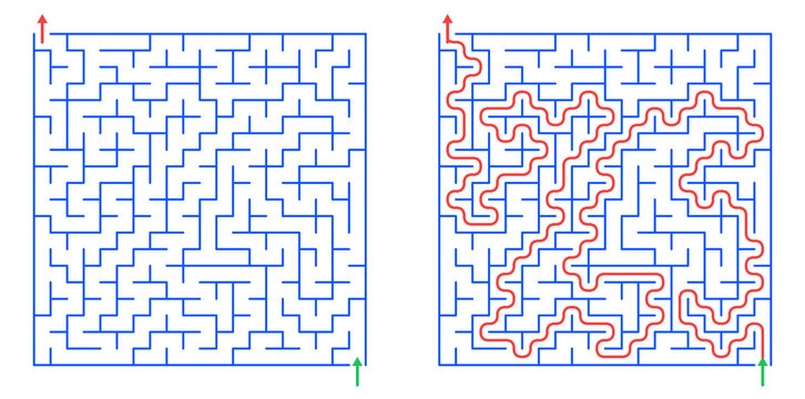 Square maze for kids, medium difficulty printable logic game, find the way from start to exit, line art, activity worksheet page with solution