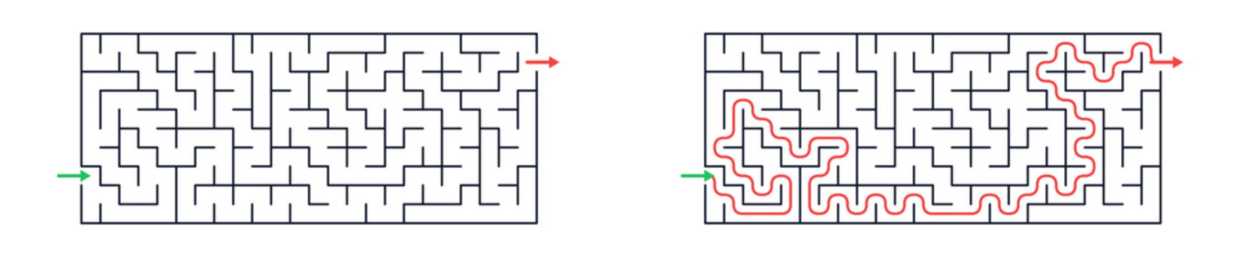 Rectangular maze for kids, medium difficulty printable logic game, find the way from start to exit, black and white, activity worksheet page with solution