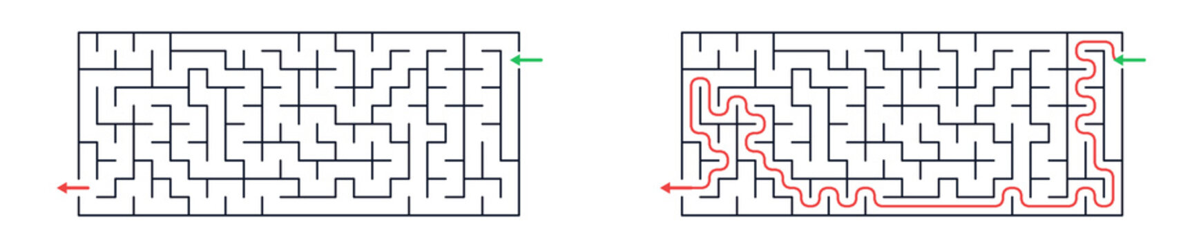Rectangular maze for kids, medium difficulty printable logic game, find the way from start to exit, black and white, activity worksheet page with solution