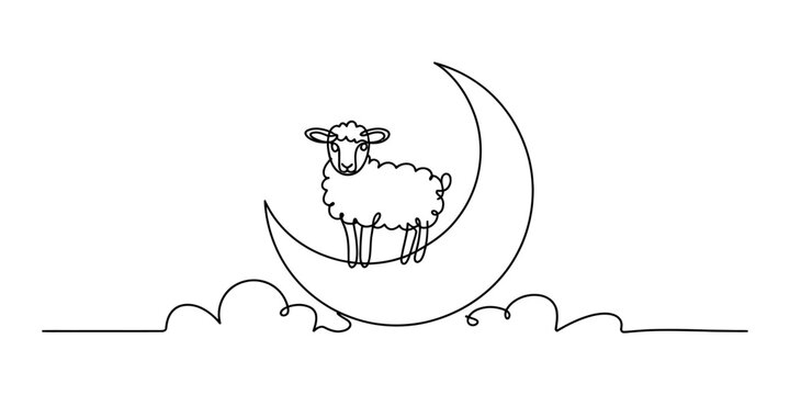 Cute sheep standing on a crescent moon with clouds drawn in a simple continuous single line art style for nursery decor and peaceful bedtime sleep concepts Vector, illustration