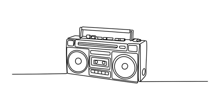 Continuous single line drawing of a retro boombox tape recorder vintage music player device for listening to audio cassettes in a simple minimalist style art Vector, illustration