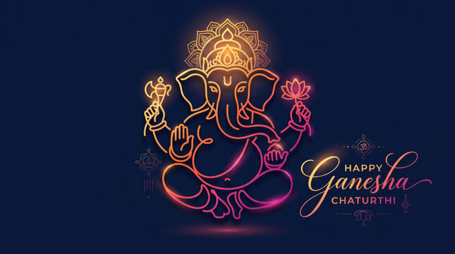 Glowing Neon Lord Ganesha Illustration on Dark Background for Ganesh Chaturthi Greeting Banner Design