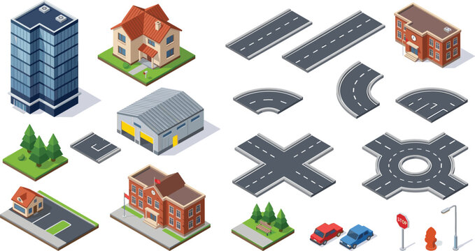 Isometric city map builder kit with vector buildings houses roads infrastructure elements and cars for urban design