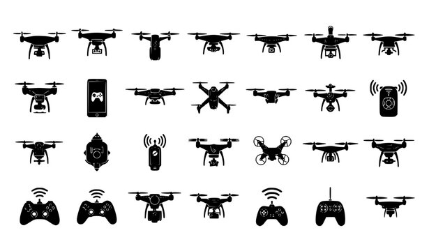 Drone Icon Grid Featuring Quadcopters Remote Controllers Delivery Hexacopters Camera Gimbals Propellers And Unmanned Aerial Vehicle Vector Line Templates